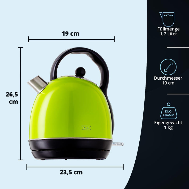 KHG Wasserkocher WK-1711 (L) Lime-Grün, Kessel-Kocher 1,7 Liter, 360° Sockel, herausnehmbarer Kalkfi