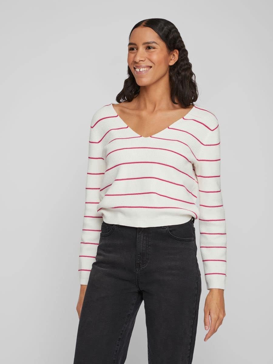 Vila Damen Vichao V-Neck L/S Knit Top/Su-Noos Strickpullover, M White Alyssum/Stripes:pink Yarrow