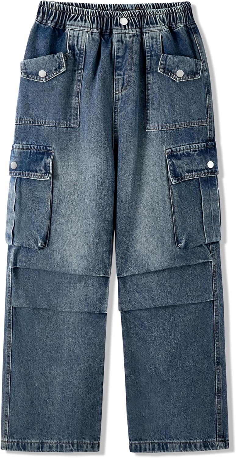 Rolanko Baggy Cargo Jeans für Mädchen, Elastische Hose mit Hoher Taille und Weitem Bein Y2K Jeanshos