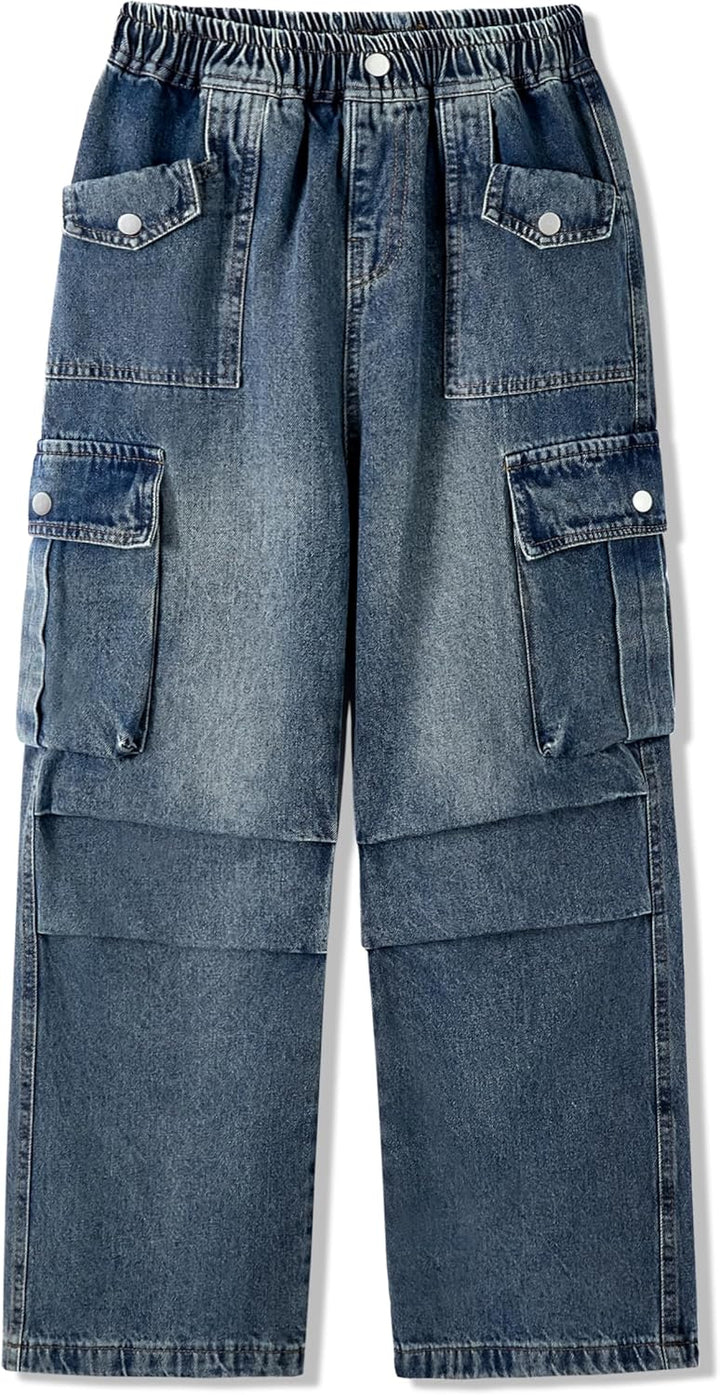 Rolanko Baggy Cargo Jeans für Mädchen, Elastische Hose mit Hoher Taille und Weitem Bein Y2K Jeanshos