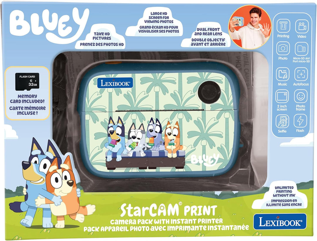 Lexibook, Bluey, Starcam® Print Bluey, HD-Digitalkamera-Set mit Sofortbilddrucker, SD-Karte und Foto