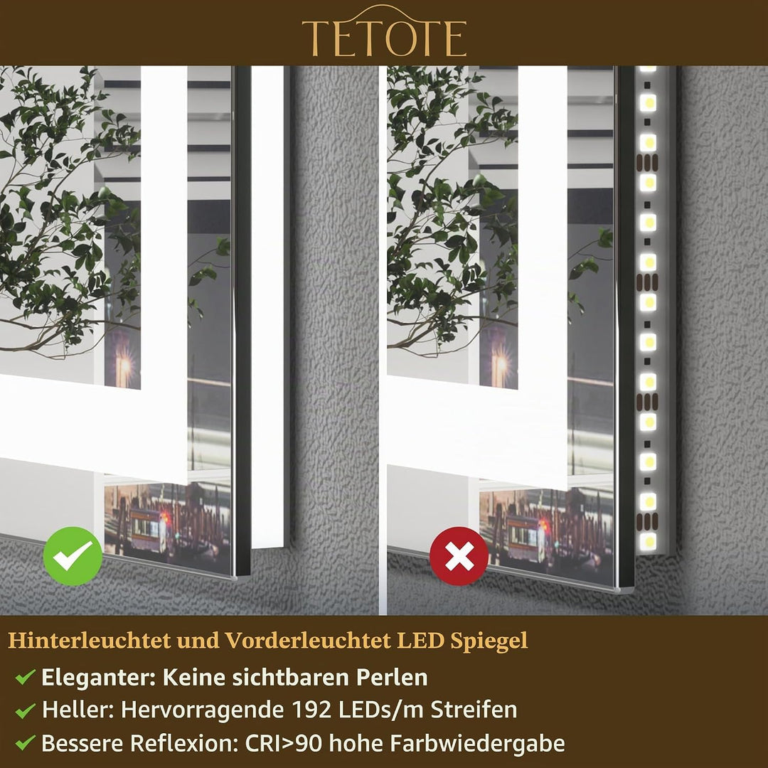 TETOTE Badspiegel mit Beleuchtung 120x60cm, Badezimmerspiegel Beleuchtet Beschlagfrei Badezimmer Wan