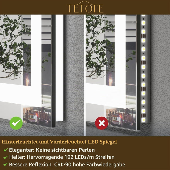TETOTE Badspiegel mit Beleuchtung 120x60cm, Badezimmerspiegel Beleuchtet Beschlagfrei Badezimmer Wan