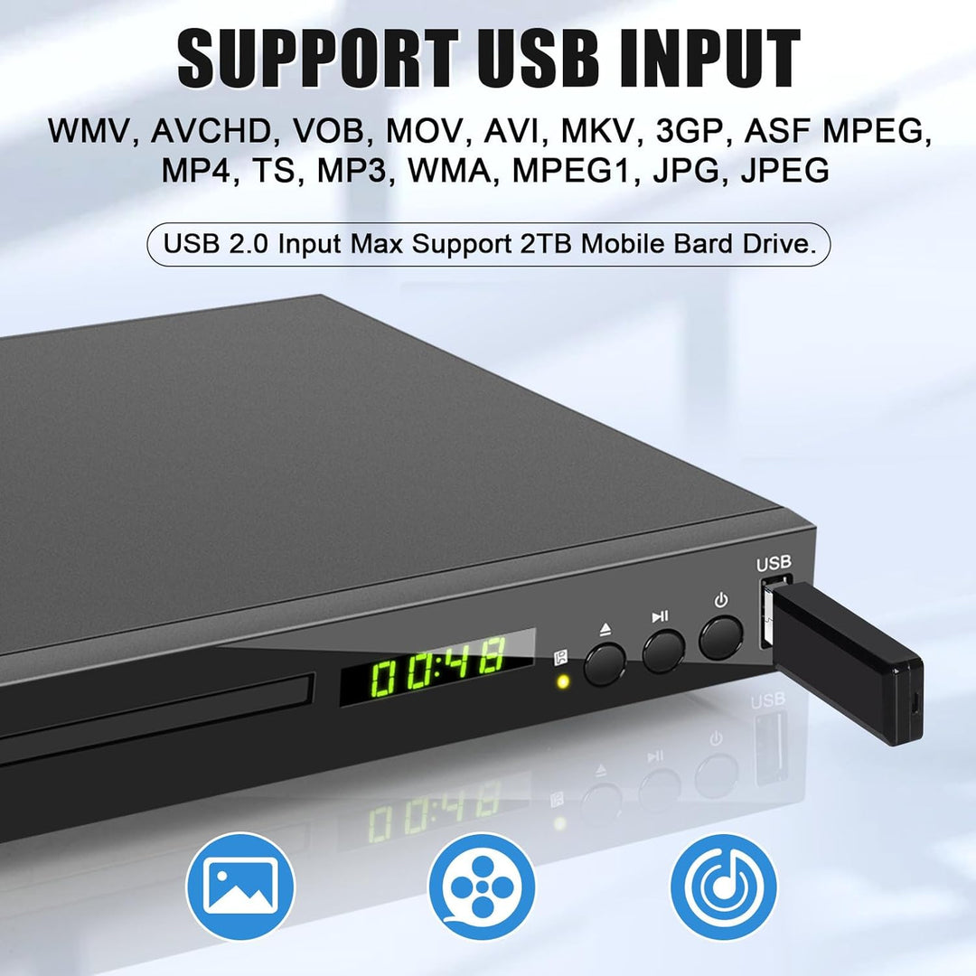 Blu-ray Player für TV, Kompakt Blu-ray-Disc-Player 1080P DVD-Player mit HDMI-Ausgang, AV-Ausgang, Ko