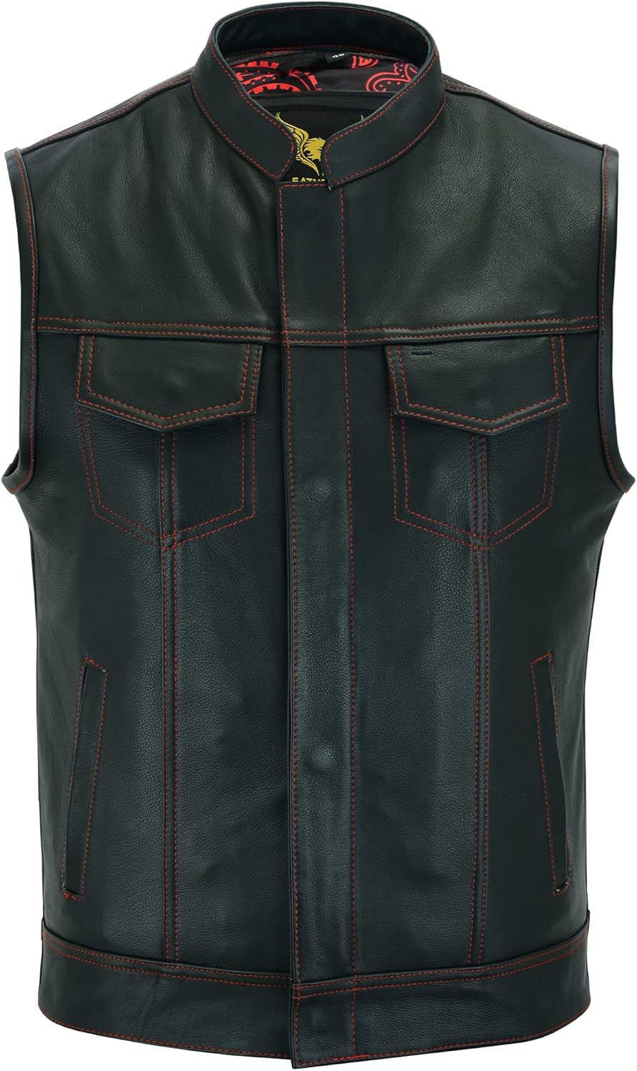 Leatherick Groove Club Herren-Motorradweste aus schwarzem Leder – Bikerweste 46 Schwarz (rote Fadenn