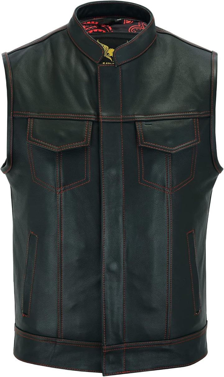Leatherick Groove Club Herren-Motorradweste aus schwarzem Leder – Bikerweste 46 Schwarz (rote Fadenn