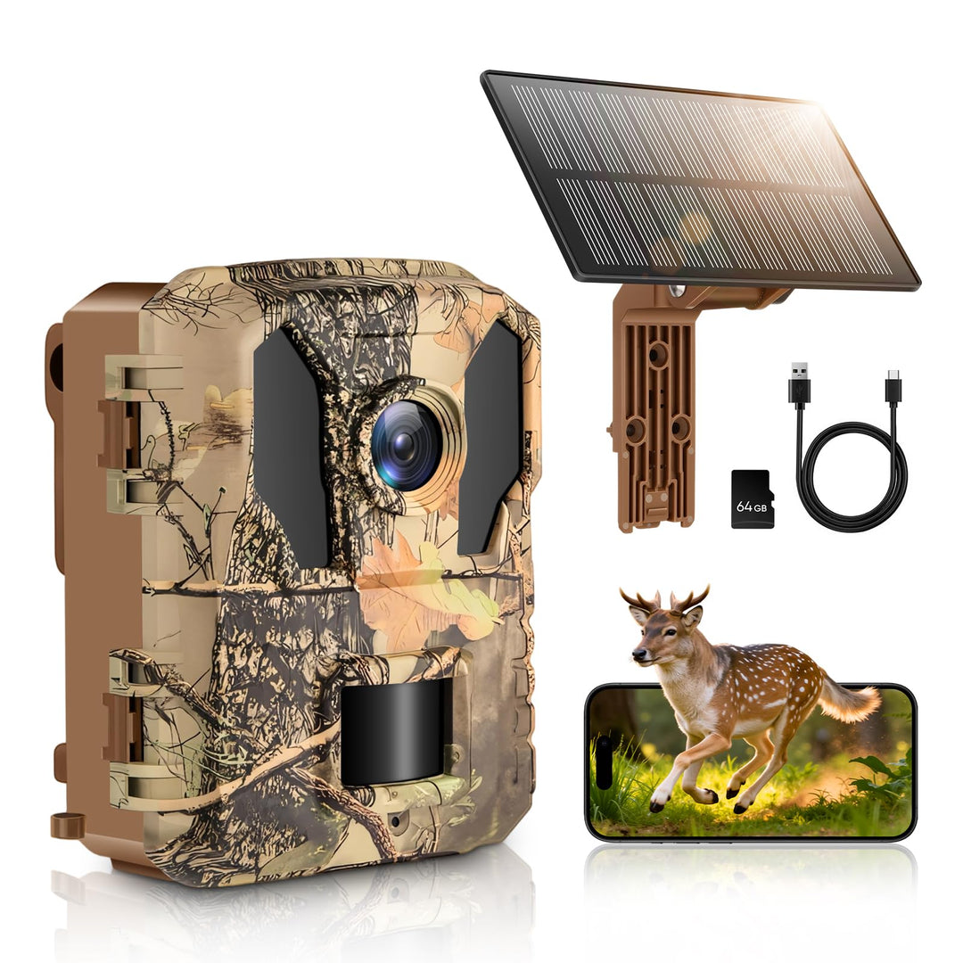 MYPIN Wildkamera 4K 64MP, Solar WLAN Jagdkamera mit Nachtsicht, 5000mAh Akku, IP66 Wasserdicht, Bewe