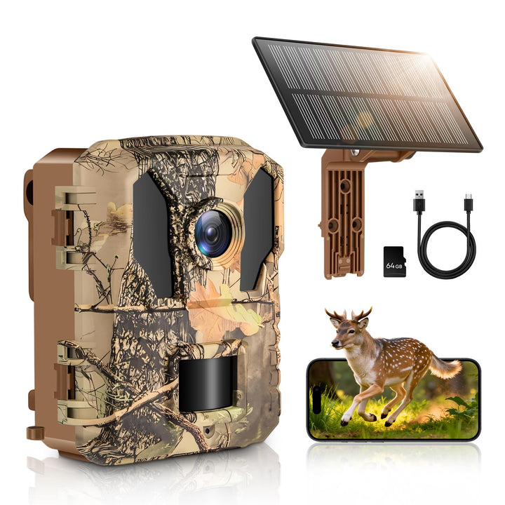MYPIN Wildkamera 4K 64MP, Solar WLAN Jagdkamera mit Nachtsicht, 5000mAh Akku, IP66 Wasserdicht, Bewe