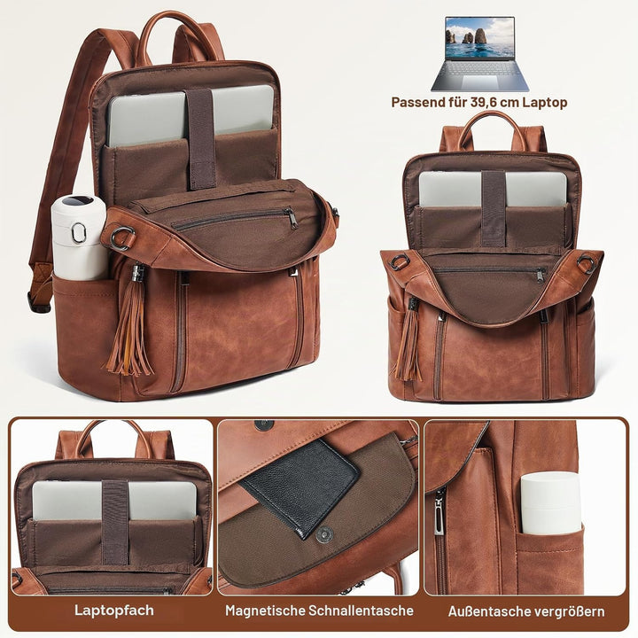 Shrrie Laptop-Rucksack für Damen, 15,6 Zoll Reise-Rucksack aus Leder, Handgepäck-Rucksack Computerta