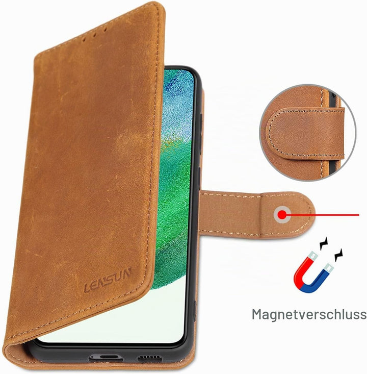 LENSUN Echtleder Hülle für Samsung Galaxy S21 FE 5G, Handyhülle Echt Leder [Kartenfach] [RFID Schutz