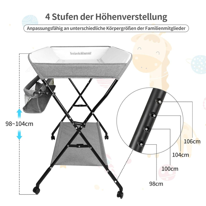 OHMG Baby Wickelkombi Klappbare Wickelkommode,Wickeltisch mit Rollen,Mobiler Wickeltisch mit Wickela
