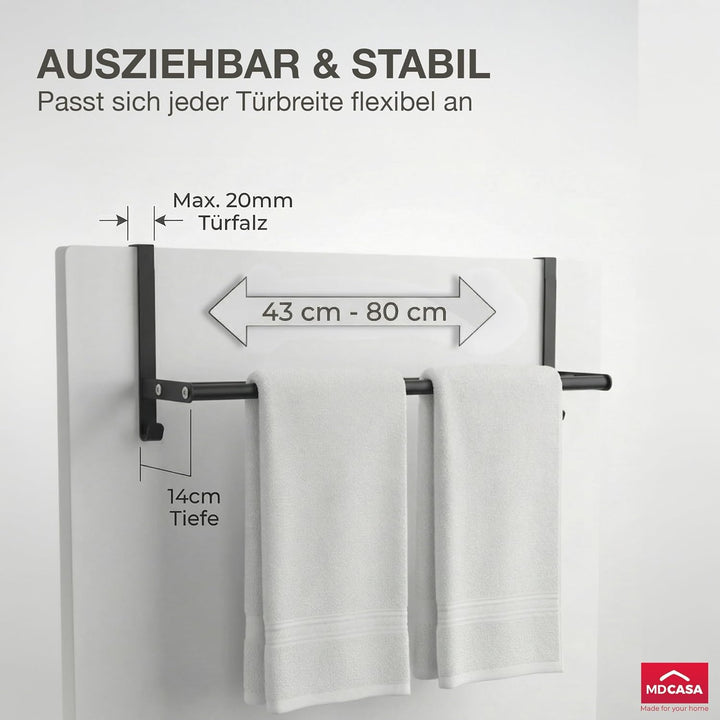 MDCASA Handtuchstange I Handtuchhalter ohne Bohren & verstellbar inkl. Kratzschutz I Stabiler Handtu