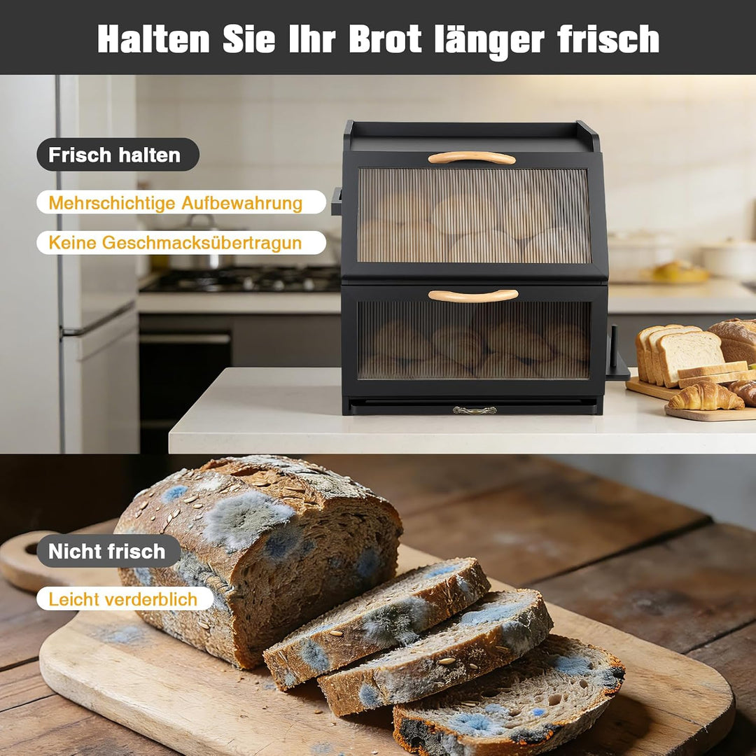 Brotkasten Bambus, Doppelte Schicht Brotbox mit Schneidebrett und Sichtfenster, Brot Aufbewahrungsbo