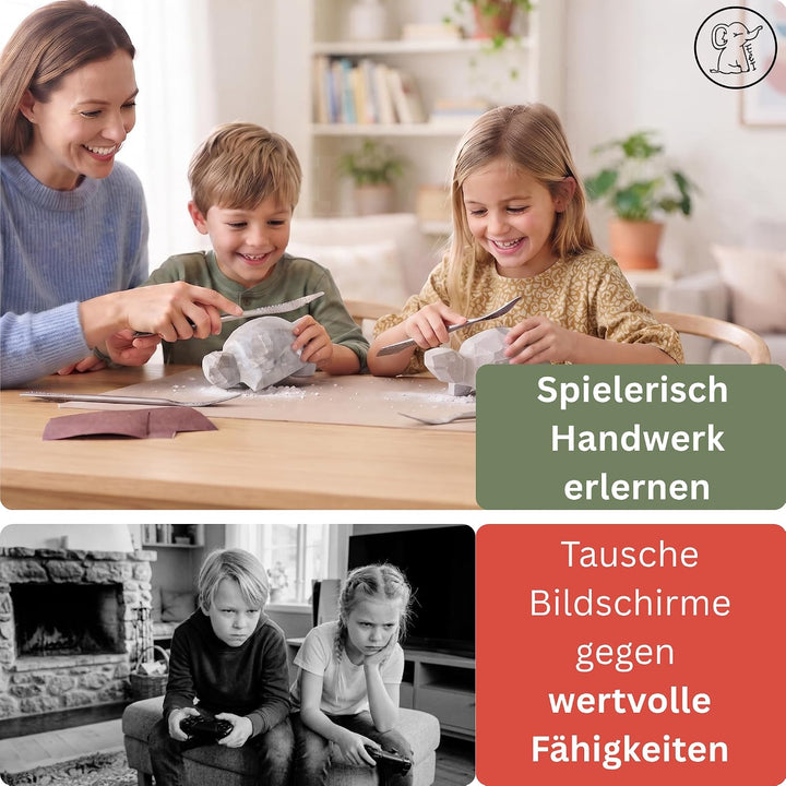 Eli® Speckstein Set - Schnitzset inkl. Schildkröte Rohling mit Werkzeug | Raspel - Schleifpapier - S