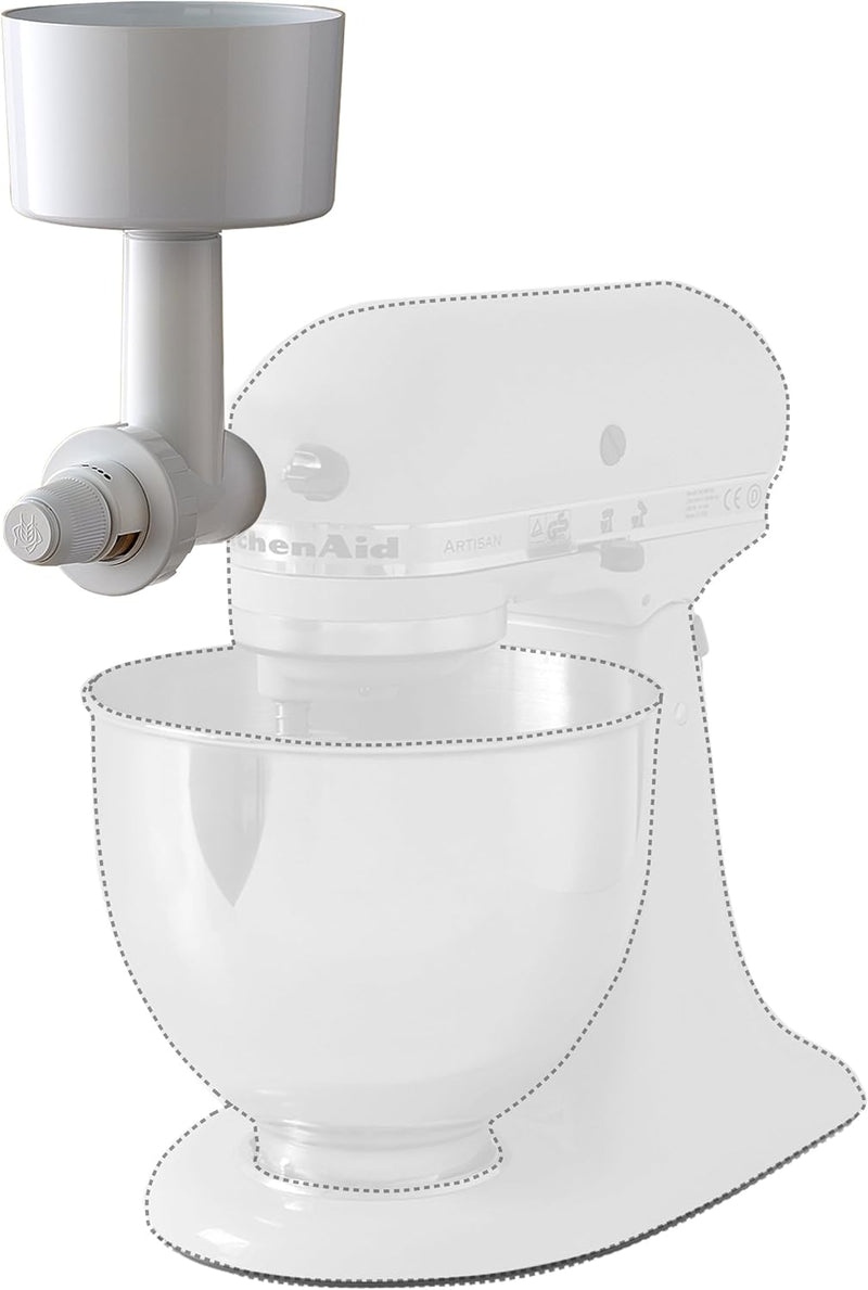 Getreide-Muehle von Messerschmidt für Kitchen-Aid Kuechenmaschine Artisan, weiss. Stahl-Kegel-Mahlwe