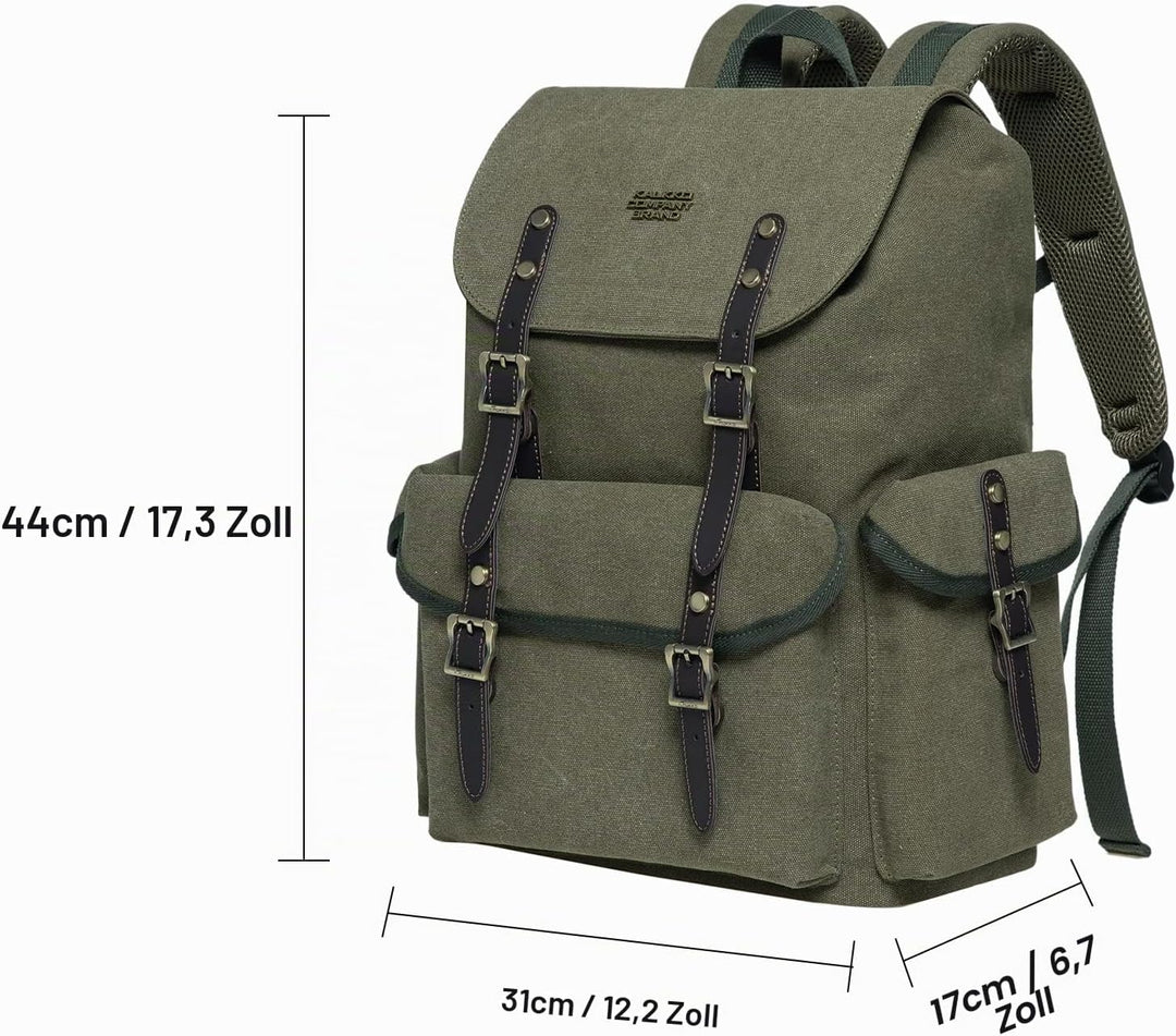 KAUKKO Canvas Retro Rucksack Damen Herren, Vintage Jagdrucksack Wanderrucksack mit 14 Zoll Laptopfac