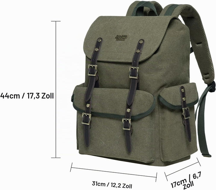 KAUKKO Canvas Retro Rucksack Damen Herren, Vintage Jagdrucksack Wanderrucksack mit 14 Zoll Laptopfac