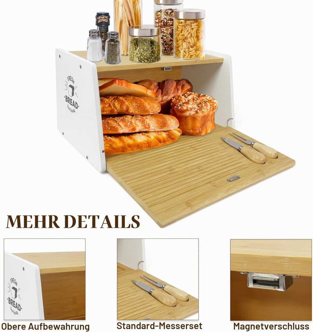 MinBoo Bambus-Brotbox für Küchenarbeitsplatte, mit Schneidebrett und Messer, Brotbehälter, Brotbehäl