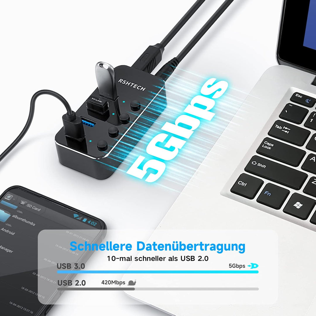 USB Hub Aktiv 3.0 mit Netzteil, RSHTECH USB 3.0 Hub mit 4 Datenports USB 3.0 Port Verteiler mit 100c