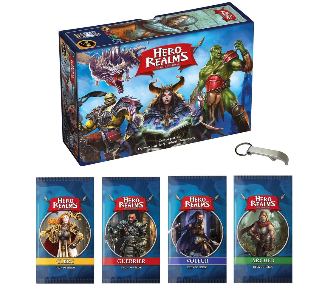 Set Hero Realms Grundspiel + 5 Heldendecks: Zauberer, Krieger, Bogenschützer, Dieb, Clerc Französisc