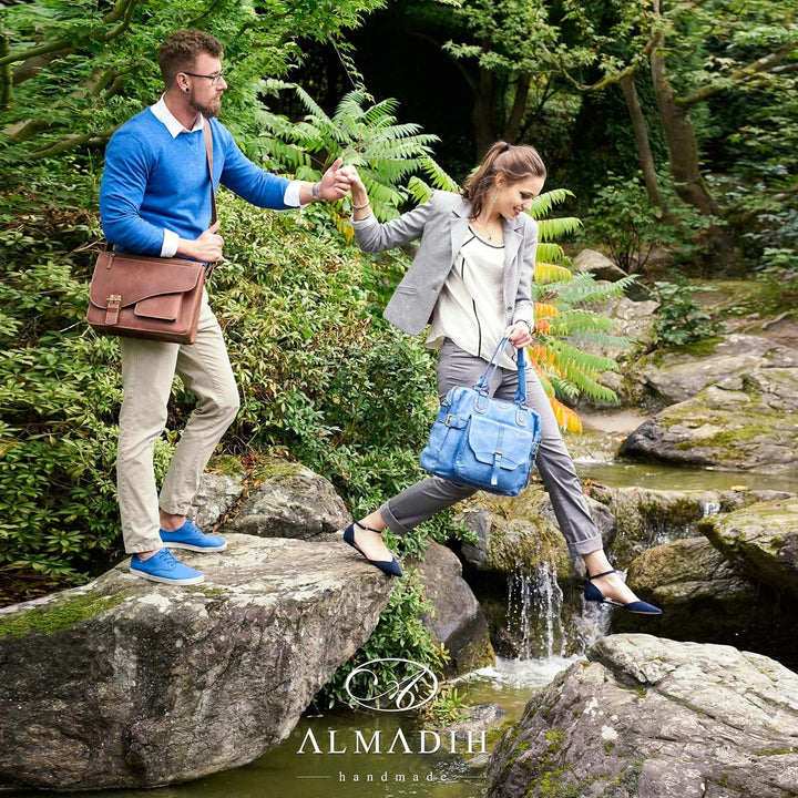 ALMADIH Leder Aktentasche Messenger *JON* handgefertigt aus robustem Premium Rindsleder braun Vintag