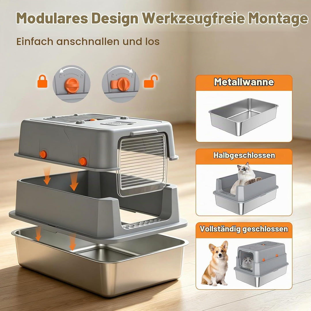 Edelstahl-Katzentoilette mit Deckel – hohe Seitenwände, geschlossene Metallwanne, Kratzfest &amp; urindi