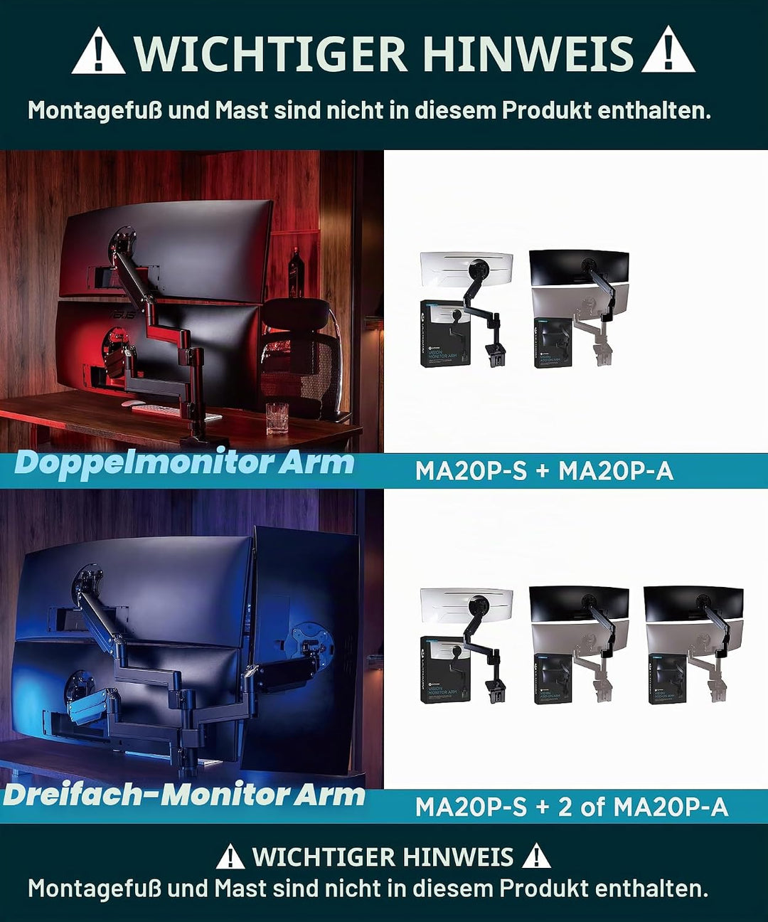 Robuster Verlängerungsarm [nur Zubehör – benötigt MA20P-S Einzelmonitorarm für den Einsatz] Dual 49"