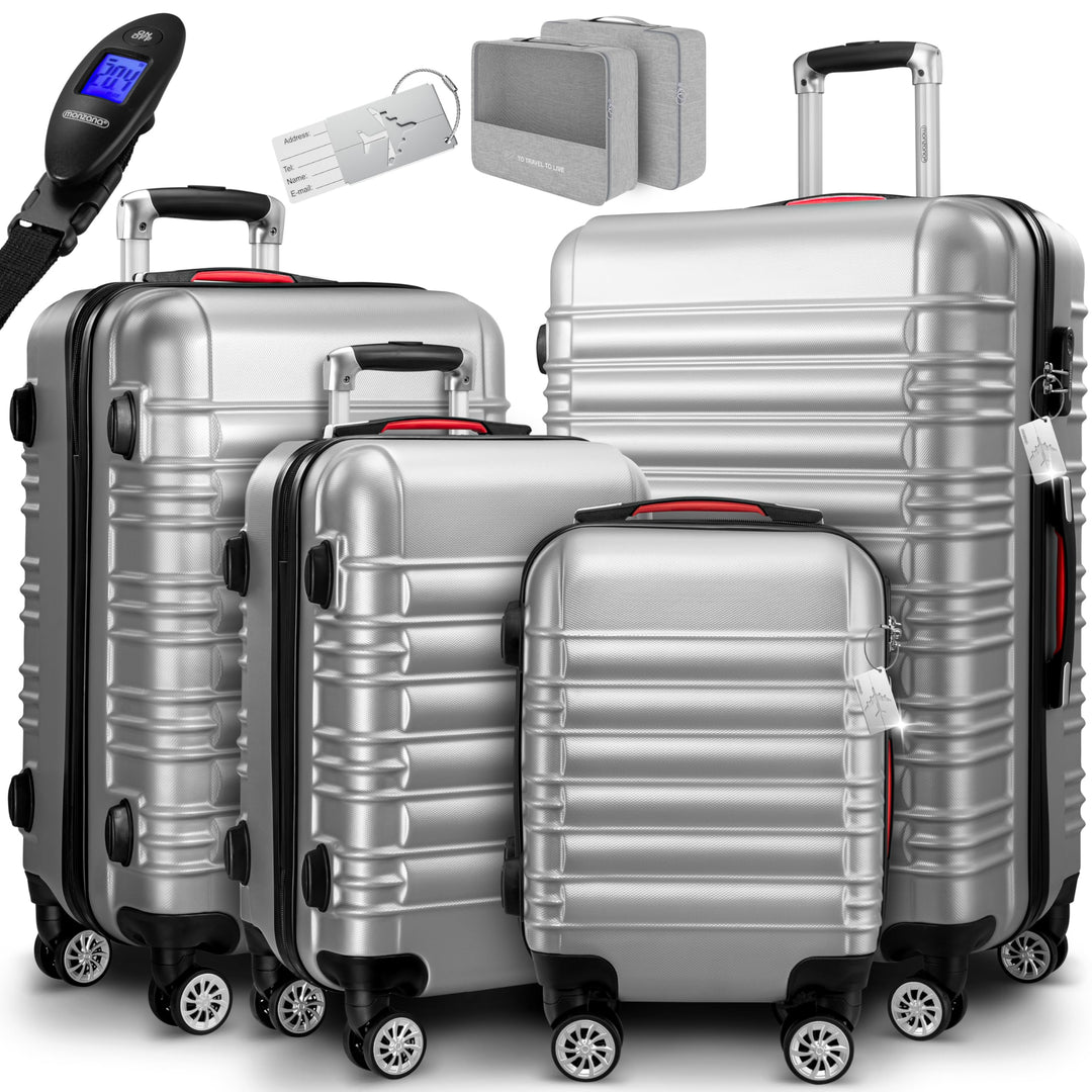 Monzana® 4tlg Kofferset Schloss Organizer Kofferwaage Gurt Gel-Griffe Zwillingsrollen Standfüsse Tro
