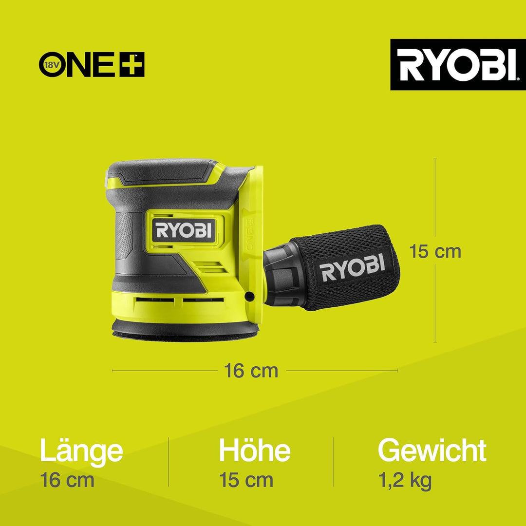 RYOBI 18 V ONE+ Akku-Exzenterschleifer RROS18-0, 125 mm Schleifteller, 2,5 mm Schwingkreis, Effizien
