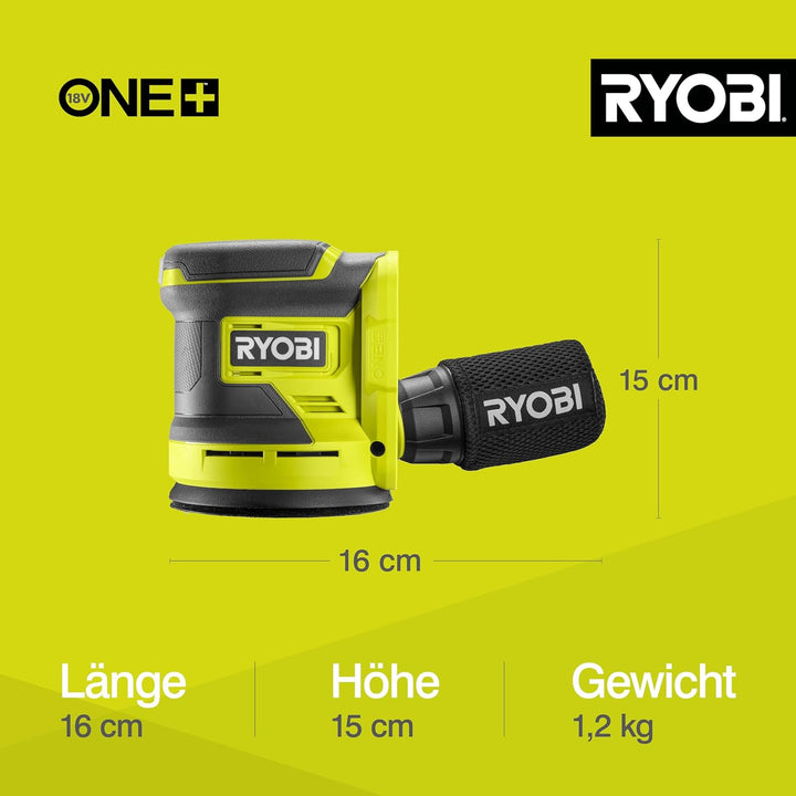 RYOBI 18 V ONE+ Akku-Exzenterschleifer RROS18-0, 125 mm Schleifteller, 2,5 mm Schwingkreis, Effizien