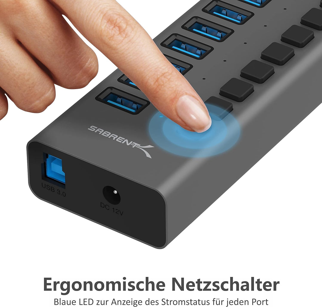 Sabrent USB 3.2 Gen 1 16 Port Aluminium HUB mit Netzschaltern und LEDs, inklusive Netzteil (HB-PU16)