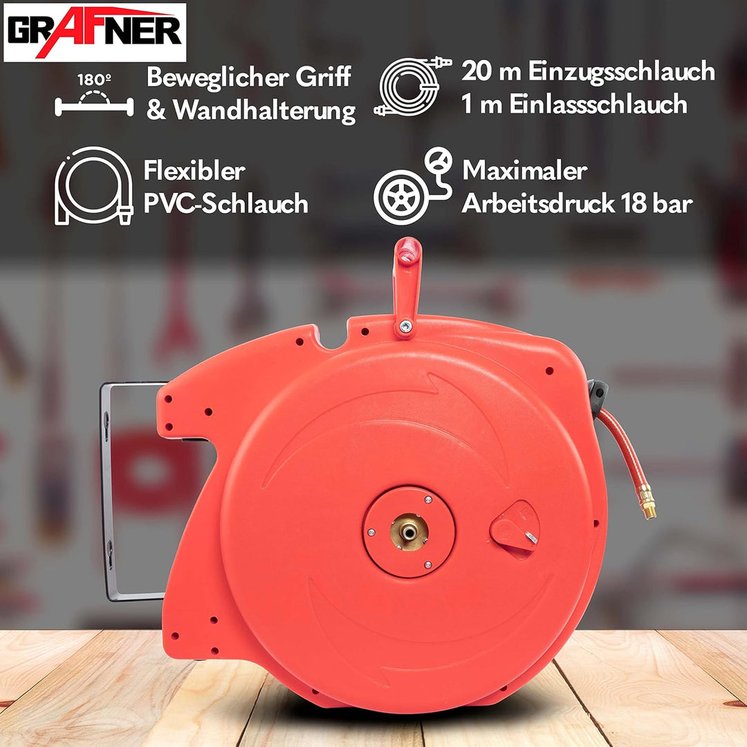 Grafner 20m Druckluftschlauch Aufroller automatisch, 1/4" Anschluss, incl. 180° schwenkbarem Wandsch