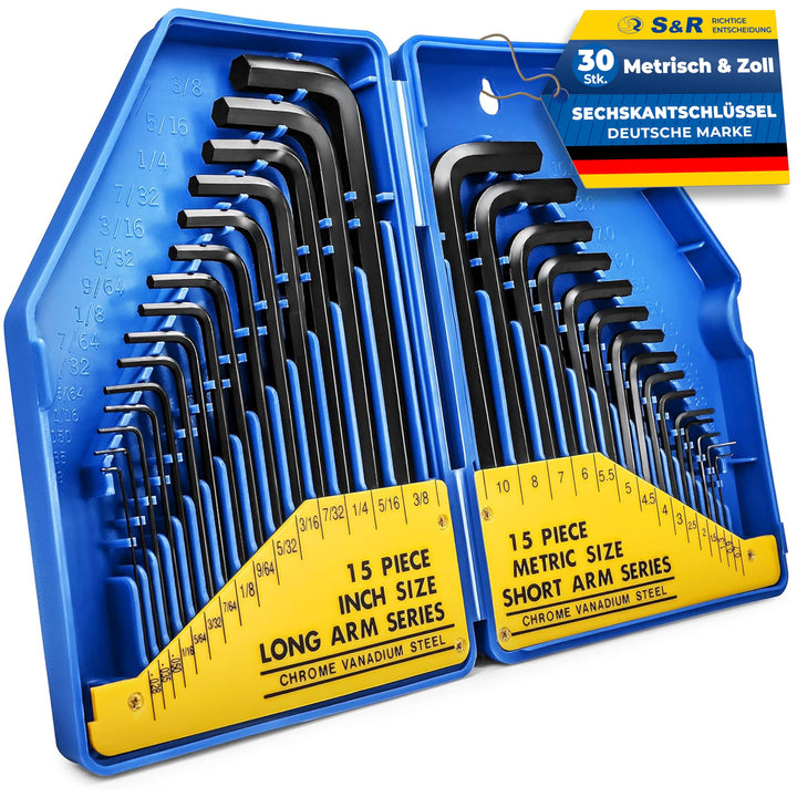 S&amp;R Innensechskantschlüssel Satz HX, 30-tlg. 0,7-10 mm Metrisch und 0,028 bis 3/8 Zoll, speziell geh