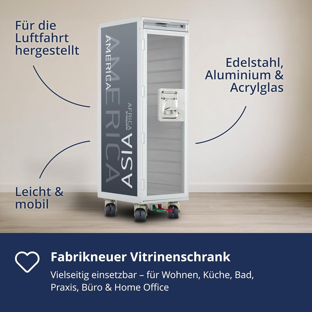 VanDeBord Airline Trolley Kontinente Neu Anthrazit mit Glastür, Original Flugzeugtrolley, Flugzeug S