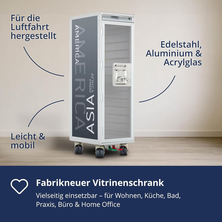 VanDeBord Airline Trolley Kontinente Neu Anthrazit mit Glastür, Original Flugzeugtrolley, Flugzeug S
