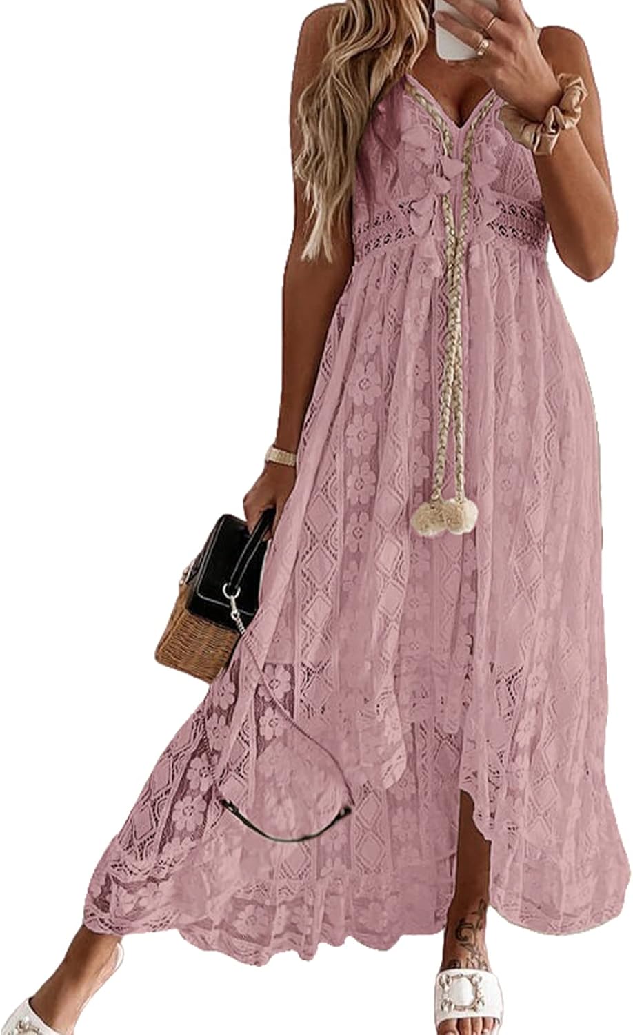 CUPSHE Damen Sommerkleid V Ausschnitt Floral Spitze Quasten Spaghetti Trägerkleid Freizeitkleider Hi