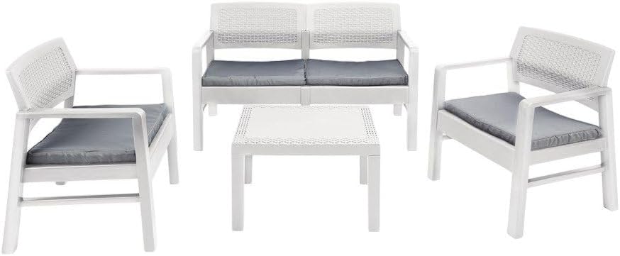 Dmora Indoor- und Outdoor-Lounge bestehend aus: 2 Sesseln, 1 Zweisitzer-Sofa und 1 Couchtisch, mit K