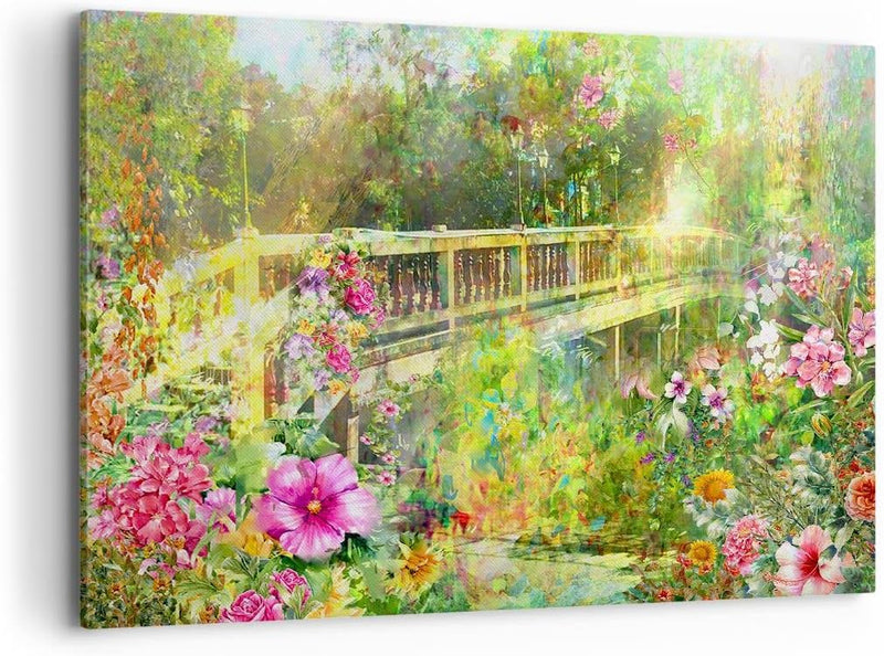 Bilder auf Leinwand 100x70cm Leinwandbild Brücke Park Blume Frühling Gross Wanddeko Bild Schlafzimme