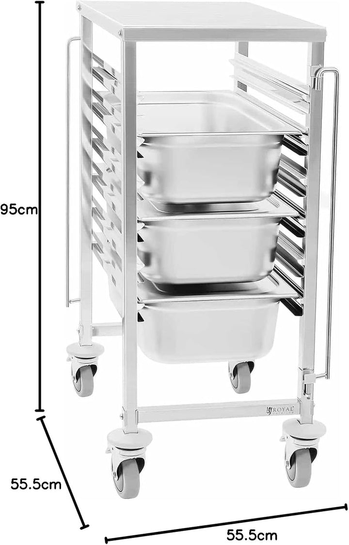 Royal Catering RCTW 6 GN 1/1 Tablettwagen 80 mm Abstand Edelstahl 6 Einschübe Quereinschub Räder mit