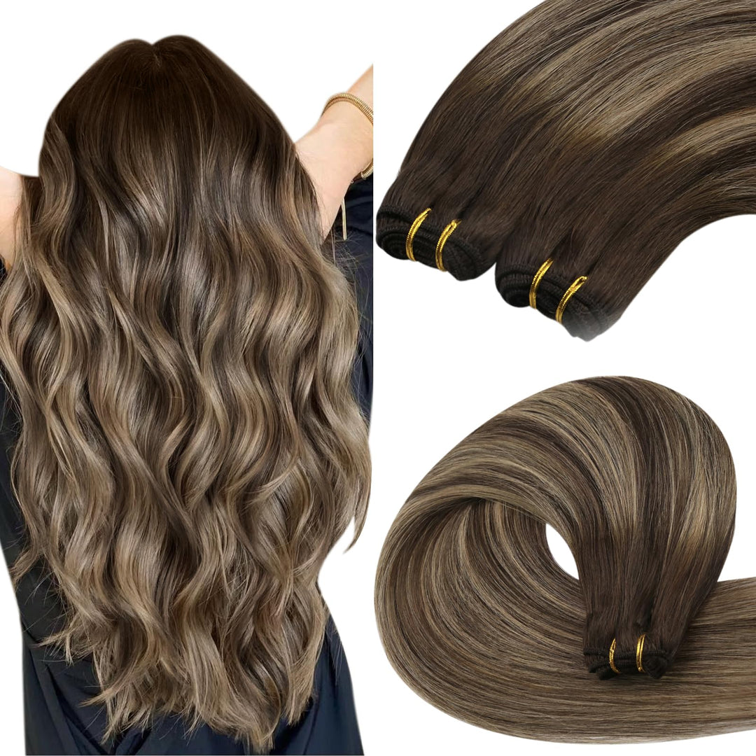 YoungSee Echthaar Tressen Ombre Tressen Echthaar zum Einnahen 45cm Haartressen Echthaar Dunkelbraun