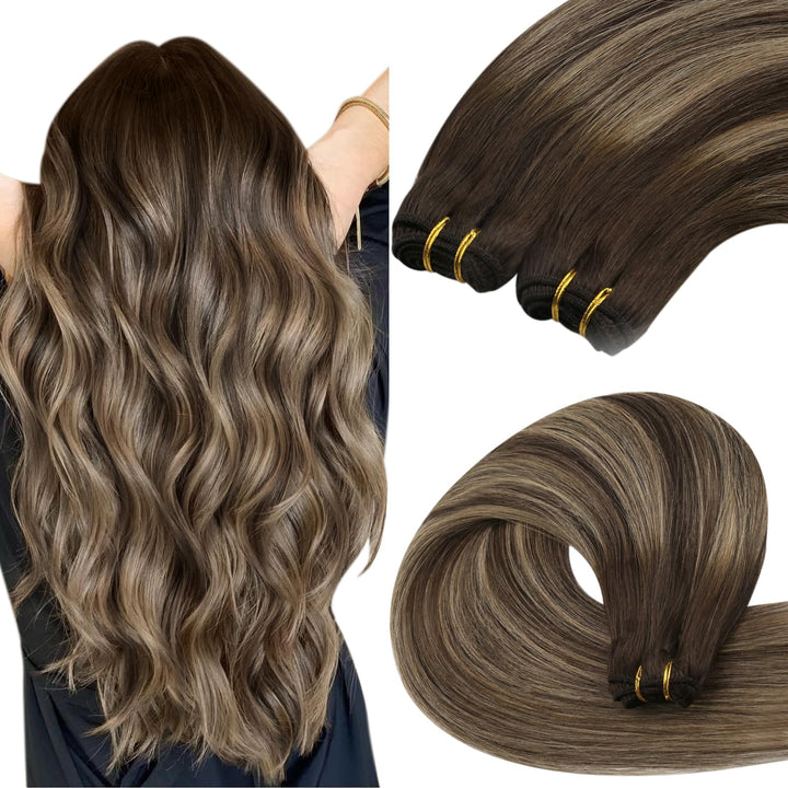 YoungSee Echthaar Tressen Ombre Tressen Echthaar zum Einnahen 45cm Haartressen Echthaar Dunkelbraun