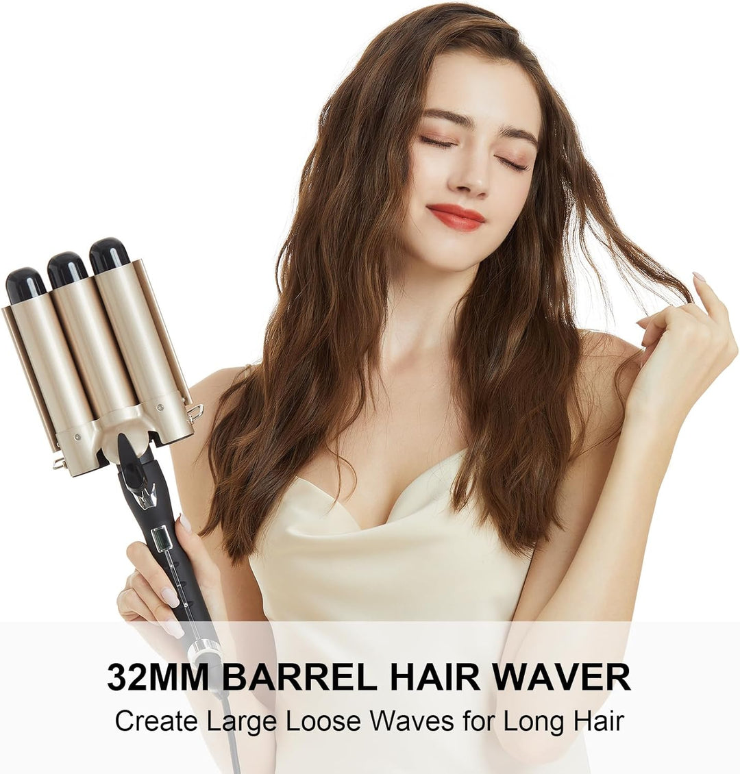 Welleneisen 3 Fässer Lockenstab Φ32mm GROẞE WELLEN, AIMERVO Waver LCD 14 Temperaturstufen 80-210℃, f