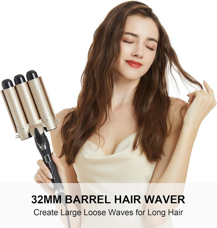 Welleneisen 3 Fässer Lockenstab Φ32mm GROẞE WELLEN, AIMERVO Waver LCD 14 Temperaturstufen 80-210℃, f