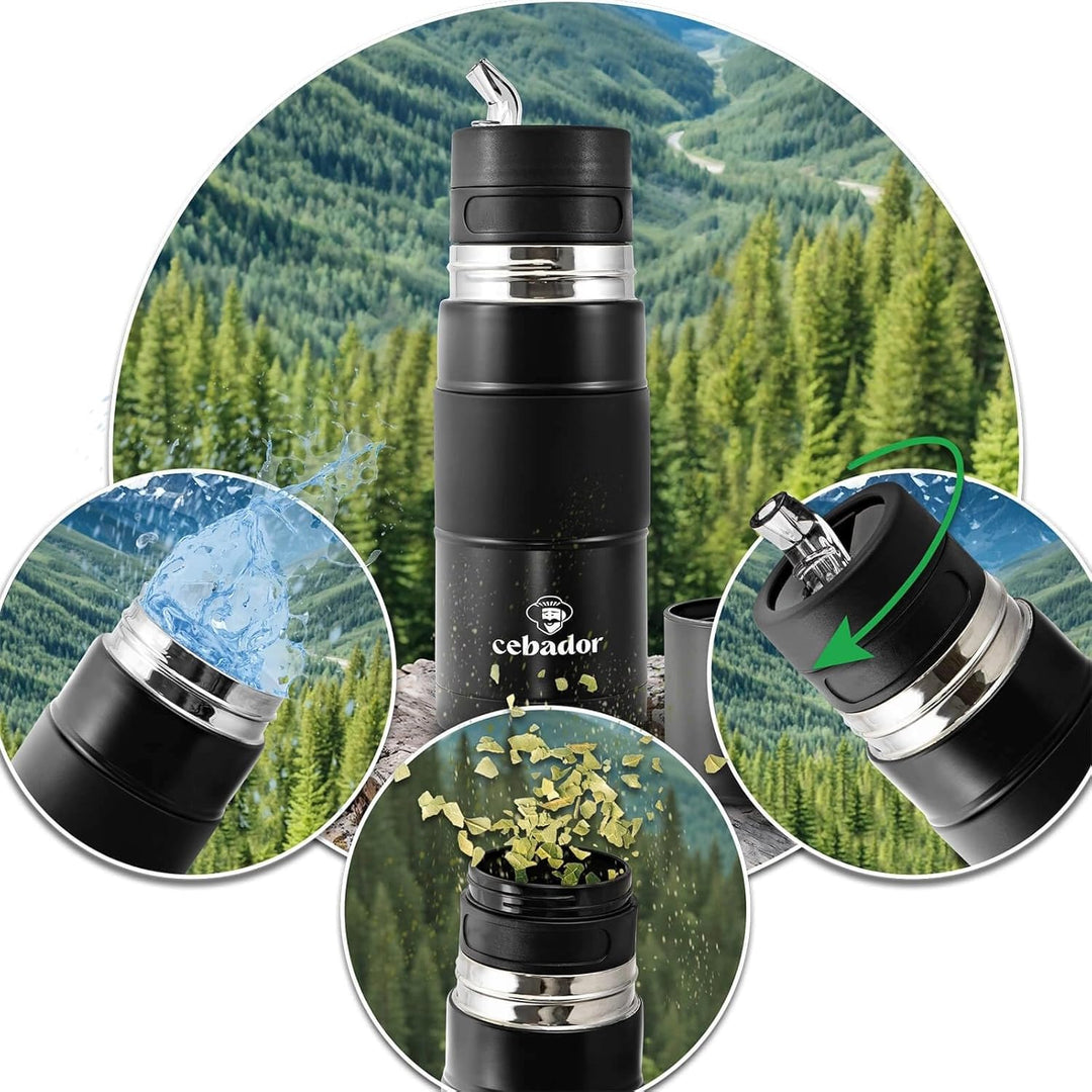 Mate Tee Thermosflasche Yerbomos X 3in1 450ml Schwarz - Thermobecher Bombilla und Behälter für Pulve