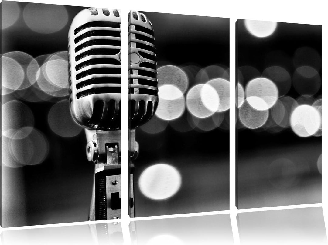 Pixxprint Altes Retro Mikrofon als Leinwandbild/Grösse: 3 Teilig (120x80 cm) cm/Wandbild/Kunstdruck/