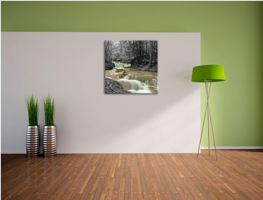 Pixxprint Waldbach im Herbst Schwarz/Weiss, Format: 70x70 auf Leinwand, 70x70