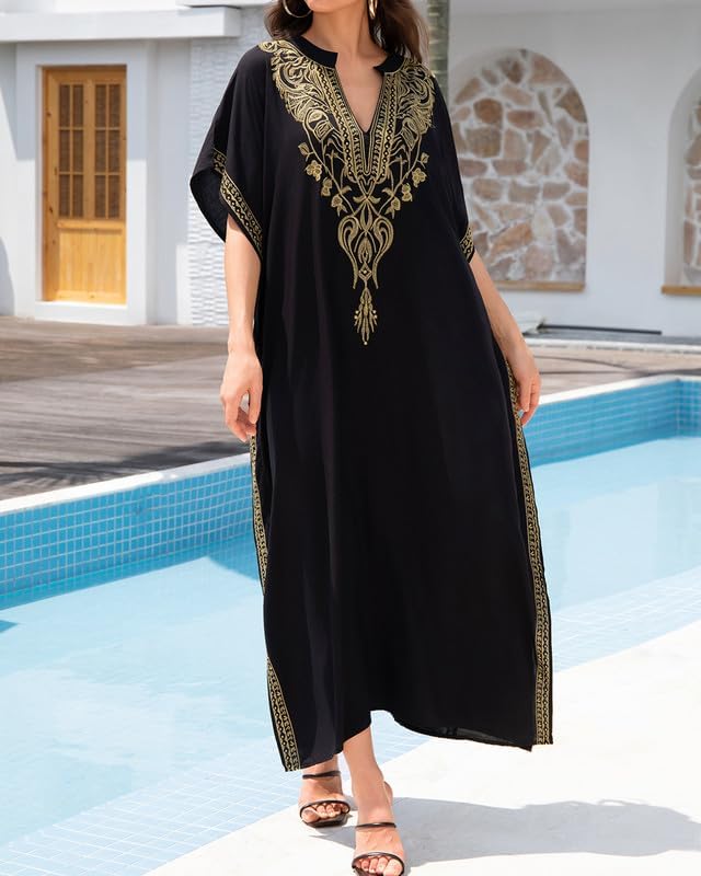 Bsubseach Damen Stickerei Kurzarm Bikini Strandkleid Side Split Beach Kaftan Kleid Goldstickerei, Go
