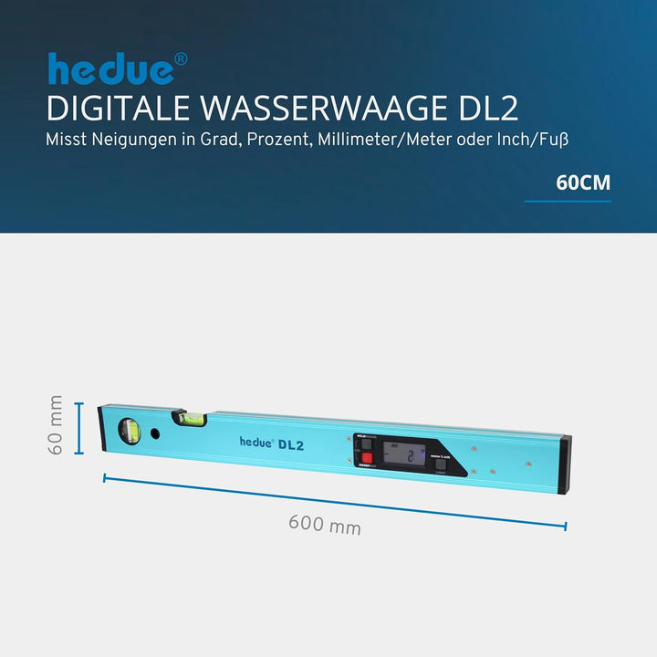 hedue® Digitale Wasserwaage DL2 - Wasserwaage 60 cm mit beleuchtetem LCD-Display, Neigungsmesser in