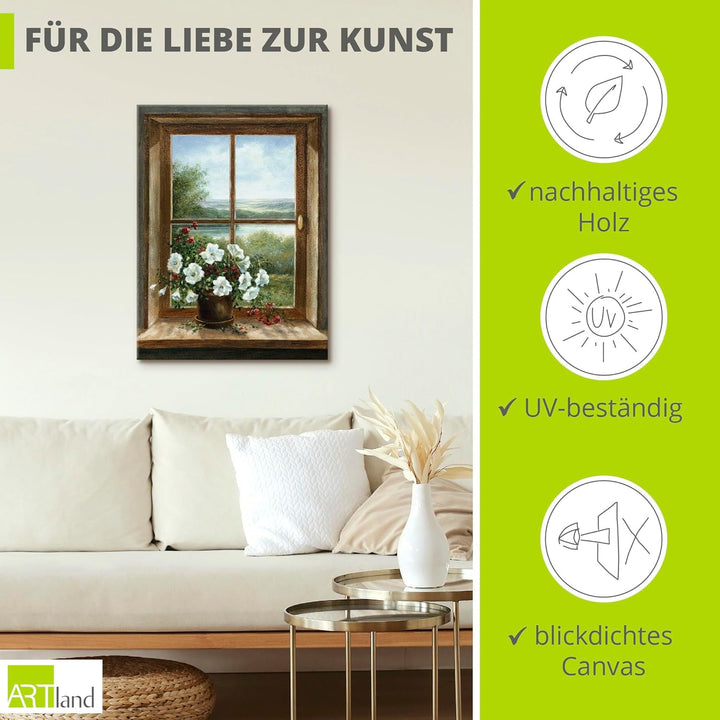 Artland Leinwandbild Wandbild Bild auf Leinwand 60x80 cm Wanddeko Fensterblick Blumen Fenster Landsc