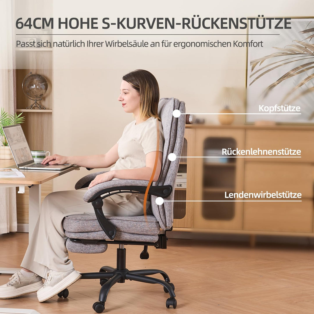 Ergonomischer Bürostuhl mit Liegefunktion, Fussstütze, 90°-135° Neigbar Schreibtischstuhl, Synchroni